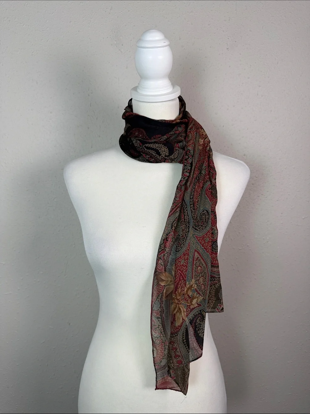 Ralph Lauren 100% Silk Scarf Floral Paisley Burgundy Long Oblong Vintage Style